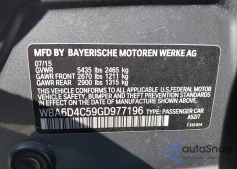 2016 BMW 650I Gran Coupe from USA, damaged, VIN WBA6D4C59GD977196